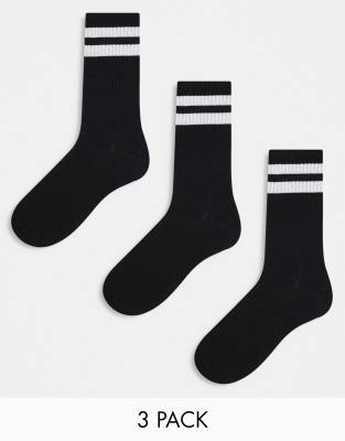 Jack & Jones 3 pack striped tennis socks in black