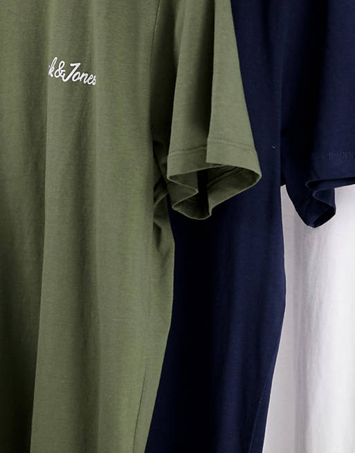  Jack & Jones 3 pack t-shirt with logo in white, navy & olive 