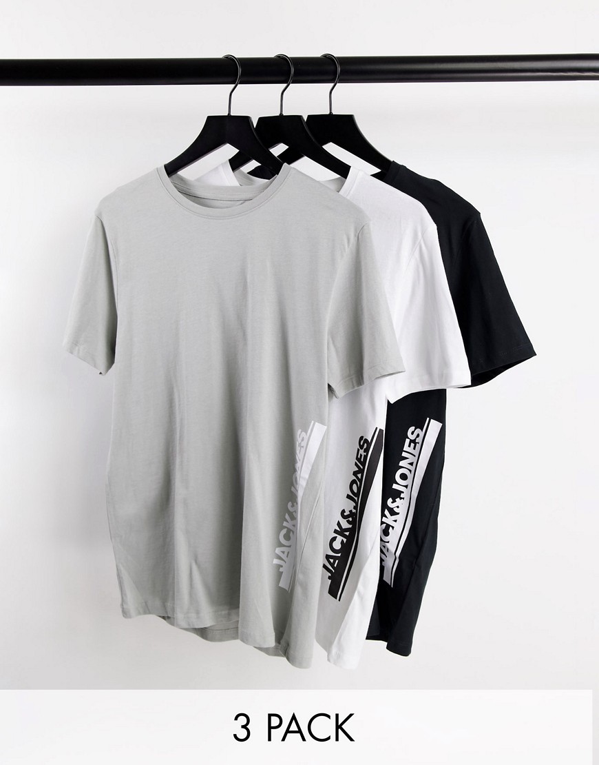 Jack & Jones 3 pack t-shirts in black white gray-Multi