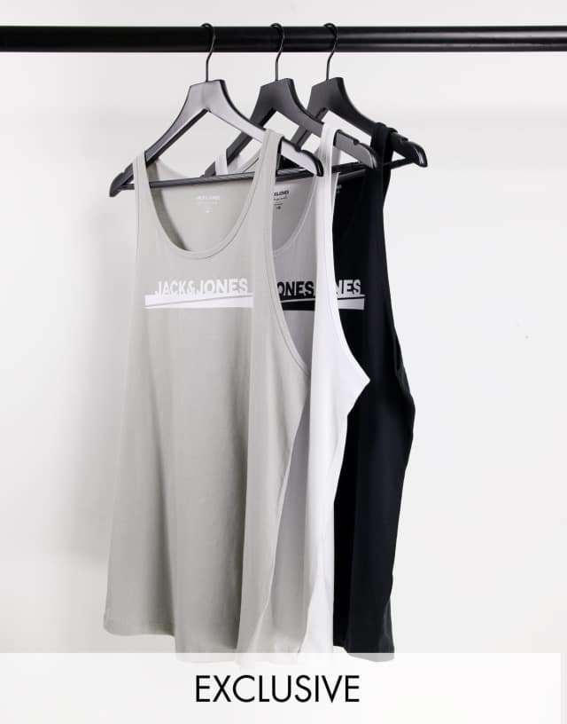 Jack & Jones 3 pack tank tops in gray white black