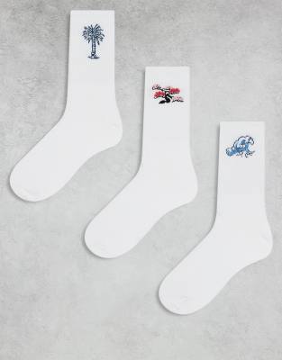 Jack & Jones 3 Pack Tennis Socks With Palm, Blossom & Wave Motifs-white