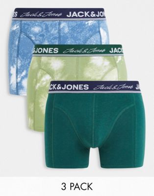 Jack & Jones 3 pack tie dye trunks in green & blue - ASOS Price Checker