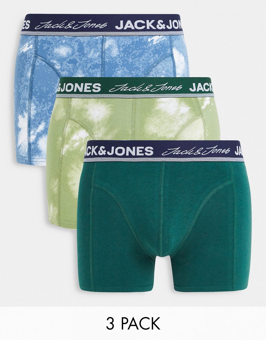 Jack & Jones 3 pack tie dye trunks in green & blue-Multi