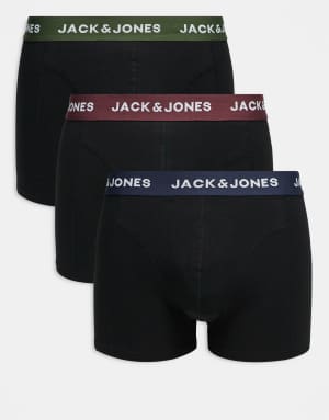 Jack & Jones 3 pack trunk with coloured waistband in black