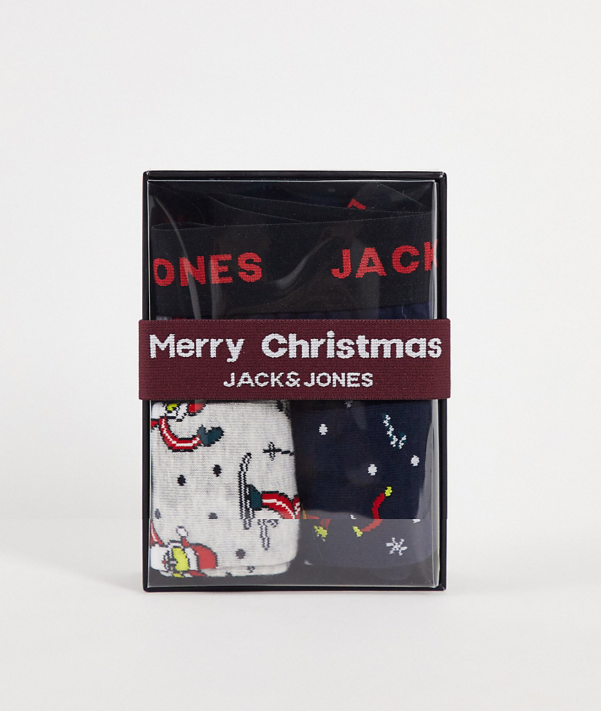 Jack & Jones 3-pack trunks and socks Christmas gift box in navy with skiing Santa print-Black