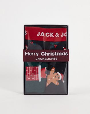 Jack & Jones 3 pack trunks and socks Christmas giftbox in black gingerbread print