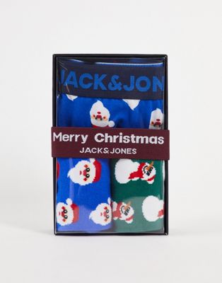 Jack & Jones 3 pack trunks and socks Christmas giftbox in blue and green santa print