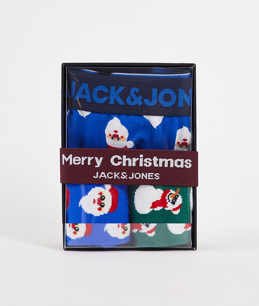 Jack & Jones 3 pack trunks and socks Christmas giftbox in blue and green santa print-Blues