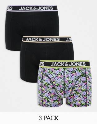 Jack & Jones 3-pack trunks in black and floral | ASOS