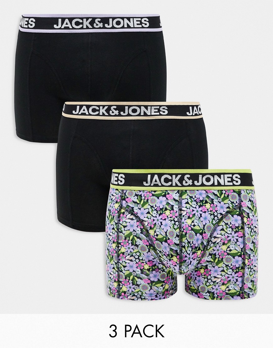 Jack & Jones 3-pack Trunks In Black And Floral In Multi