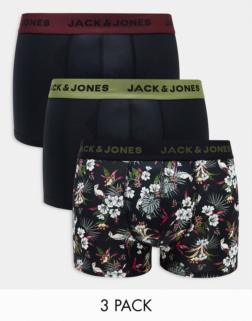 Jack & Jones 3 pack trunks in black floral & black