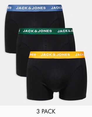 Jack & Jones 3 pack trunks in black with coloured waistbands