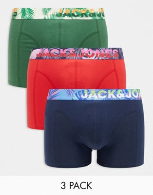 Jack & Jones 3 pack trunks in bright & floral waistbands