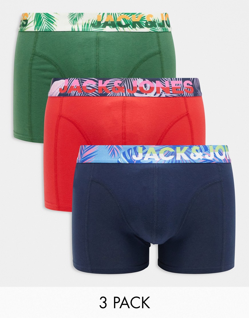 Jack & Jones 3 pack trunks in bright & floral waistbands-Multi