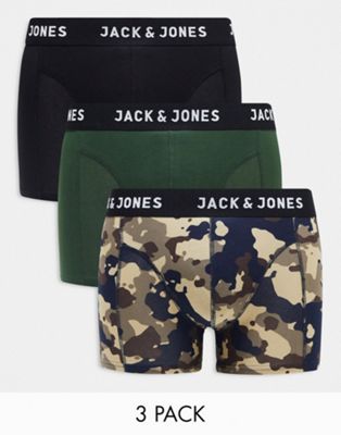 Jack & Jones 3 Pack Trunks In Camo Black And Green