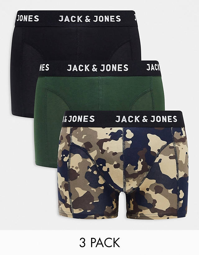 Jack & Jones - 3 pack trunks in camo black and green