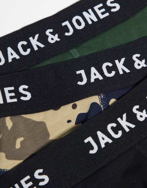 Jack & Jones 3 pack trunks in camo black and green