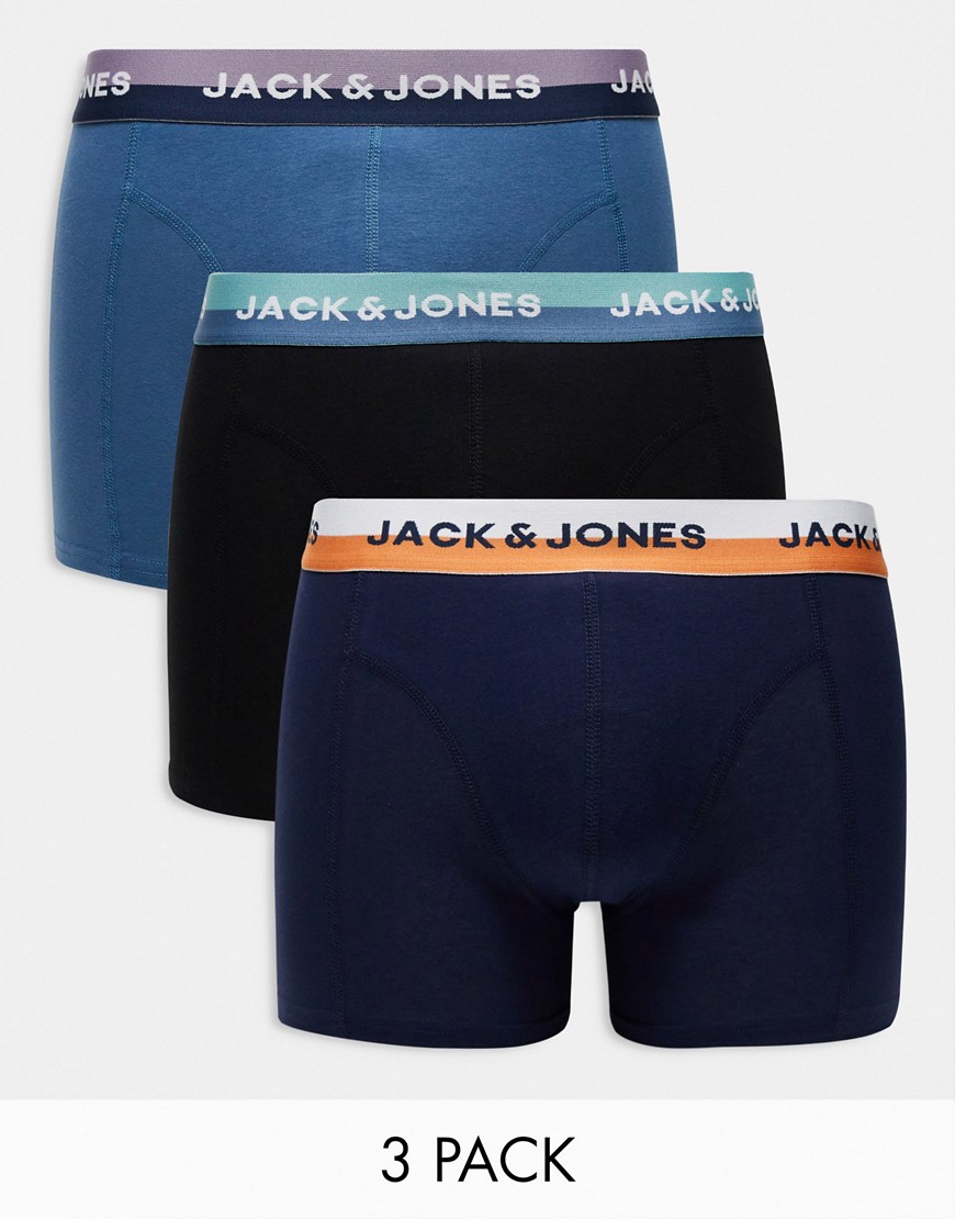 Jack & Jones 3 pack trunks in multi blue with logo waistband