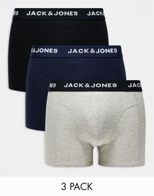 Jack & Jones 3 pack trunks in multi grey with logo waistband