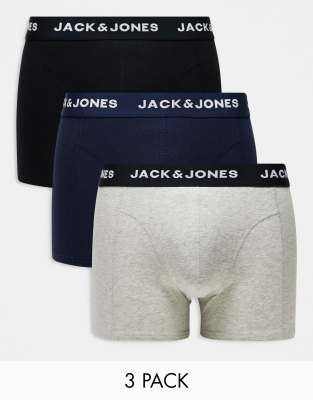 Jack & Jones Jack & Jones 3 pack trunks in multi grey with logo waistband-Black
