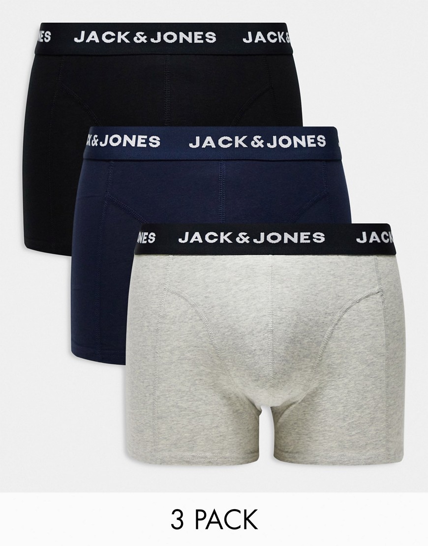 Jack & Jones 3 pack trunks in multi grey with logo waistband-Black