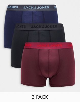 Jack & Jones 3 pack trunks in navy black & burgandy  - ASOS Price Checker