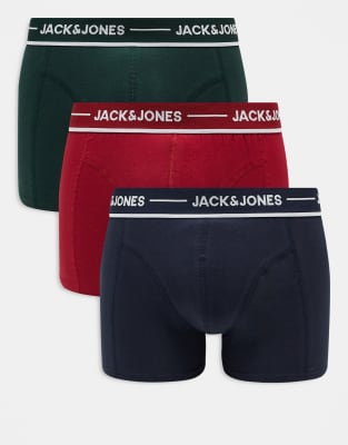 Jack & Jones Jack & Jones 3 pack trunks in red green & navy