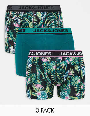 Jack & Jones 3 pack trunks in tropical print in black