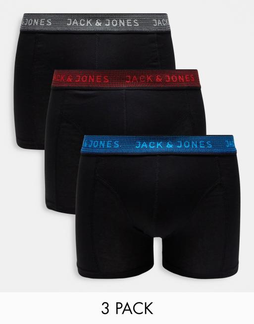 Jack & Jones 3 pack trunks with colour pop waistband in black | ASOS