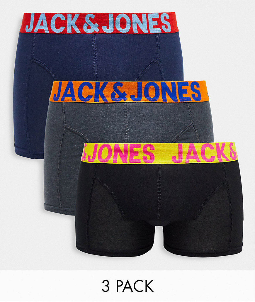 Jack & Jones 3 pack trunks with contrast colour waist band-Black