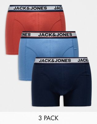 Jack & Jones 3 Pack Trunks With Contrast Waistband In Blue