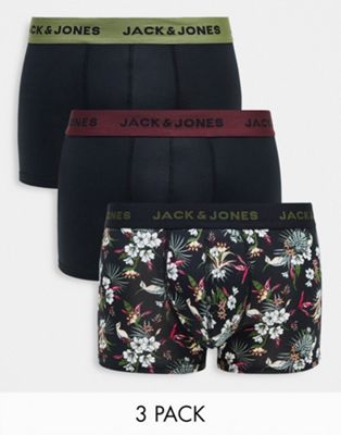 Jack & Jones 3 pack trunks with floral print in black