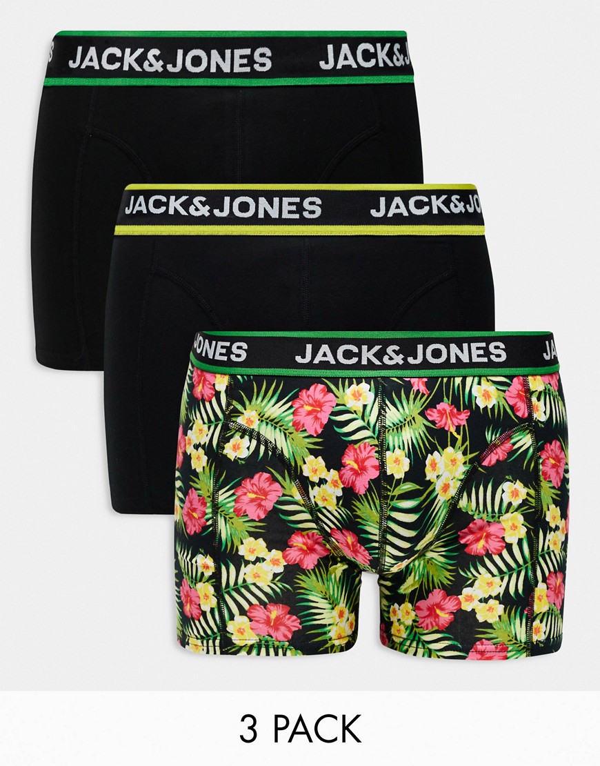 Jack & Jones 3 Pack Trunks With Floral Print In Black