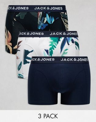 Jack & Jones 3 pack trunks with floral print in white
