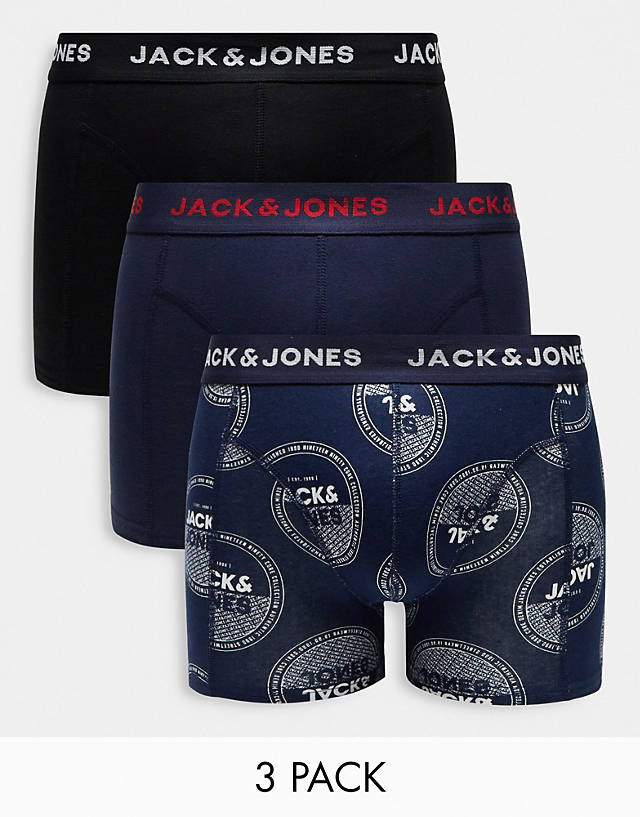 Jack & Jones - 3 pack trunks with logo print in navy & black
