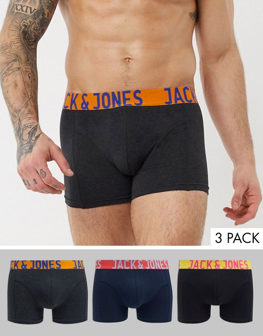 Jack & Jones 3 pack trunks with logo waistband in black and navy