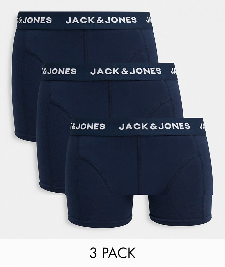 Jack & Jones 3 pack trunks with logo waistband in navy