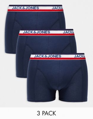 Jack & Jones 3 pack trunks with logo waistband with red stripe in navy