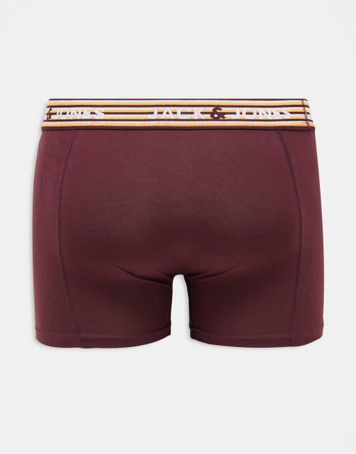 Jack & Jones 3 pack trunks with neon striped waist band in green & burgandy, 3 of 4