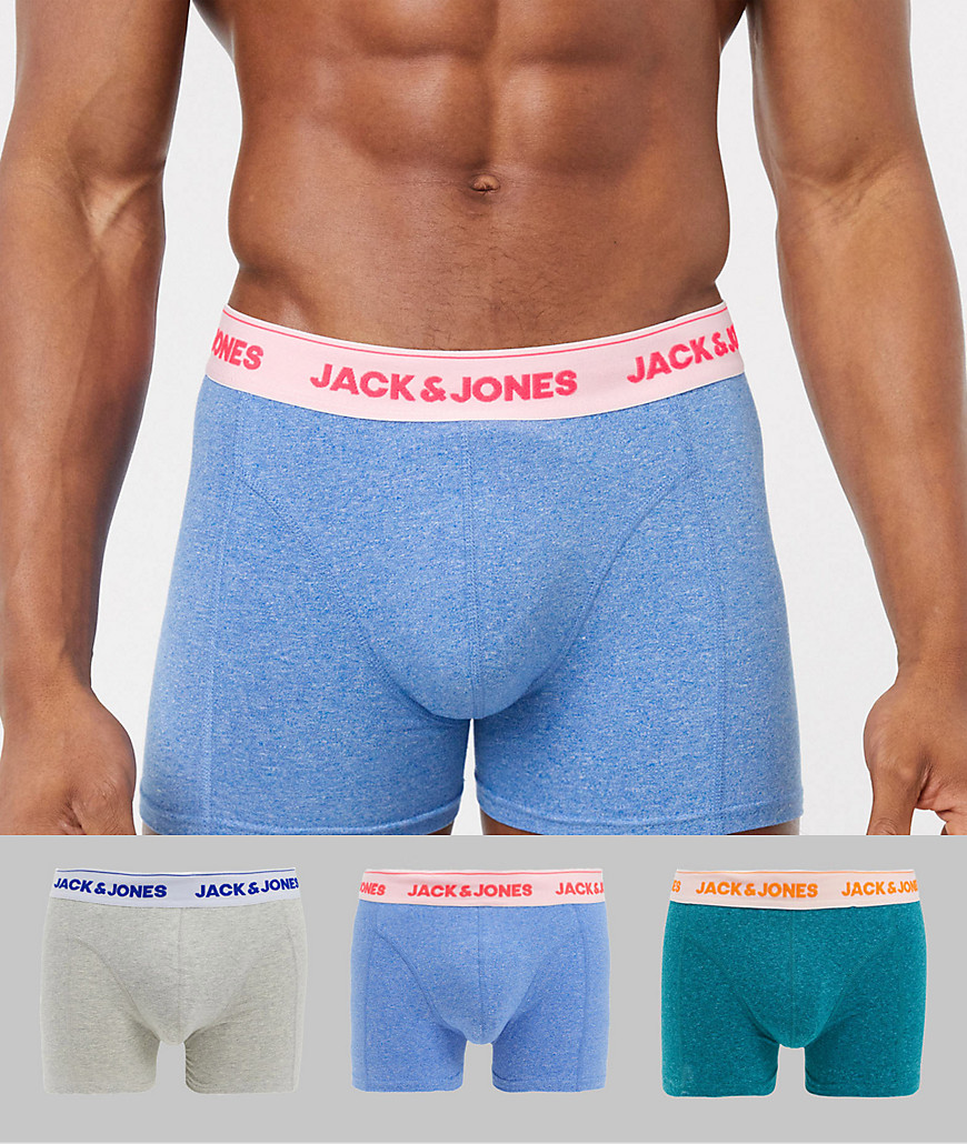 Jack & Jones 3 pack trunks with neon waistband in multi