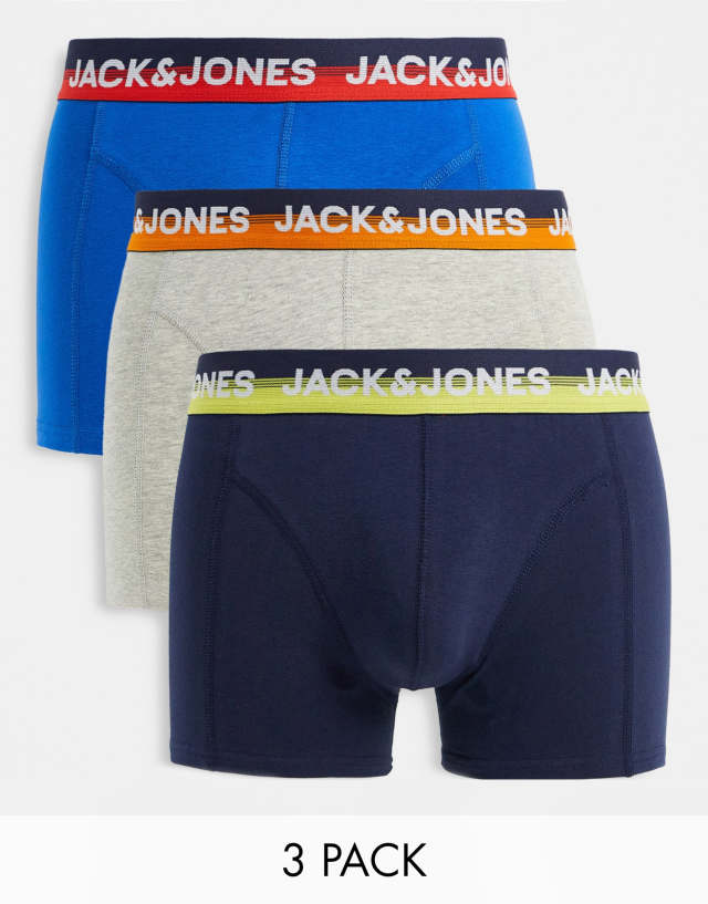 Jack & Jones 3 pack trunks with ombre waistband in navy and gray