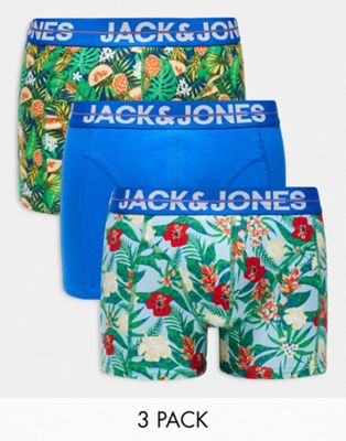 Jack & Jones 3-pack Trunks With Pineapple Print In Blue