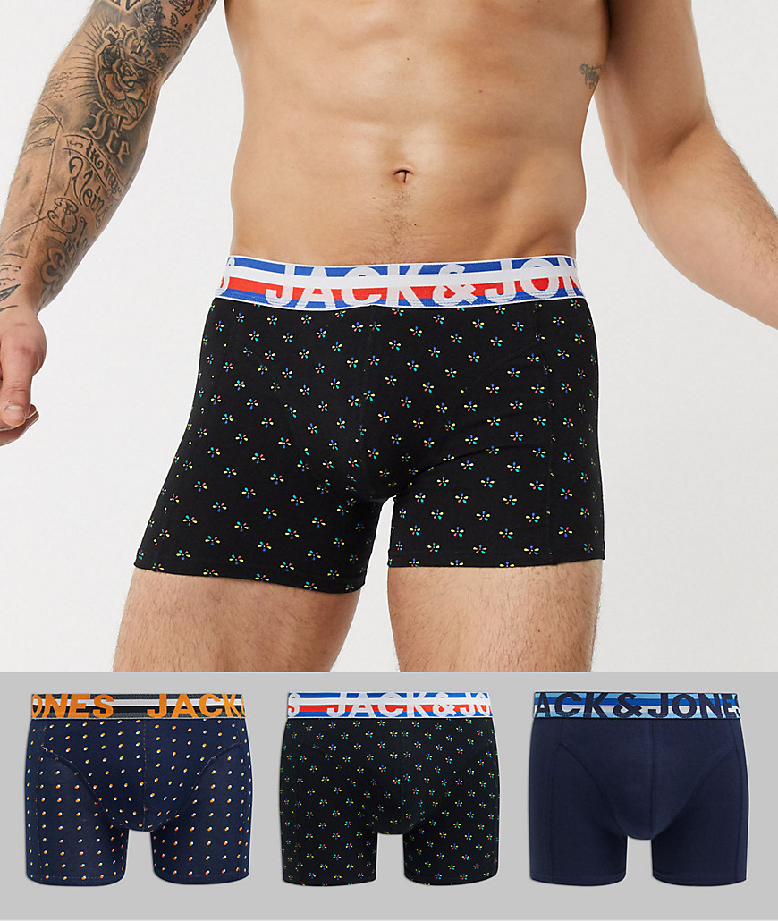 Jack & Jones 3 pack trunks with print in black and navy-Multi