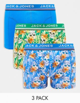 Jack & Jones 3 pack trunks with skull print in blue