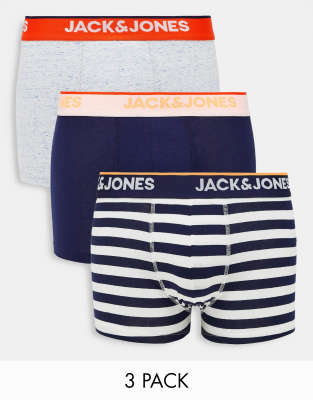 Jack & Jones 3 pack trunks with stripe and contrast neon waistband