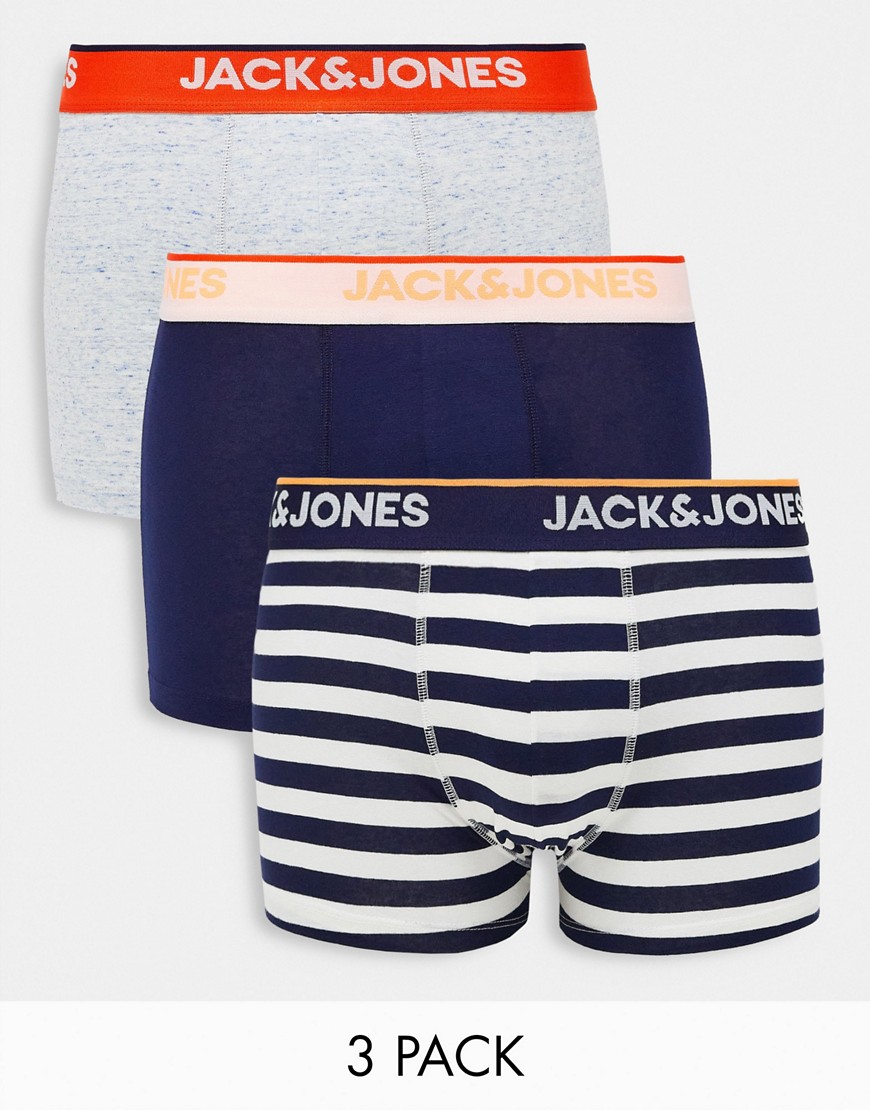 Jack & Jones 3-pack trunks with stripe and contrast neon waistband-Navy