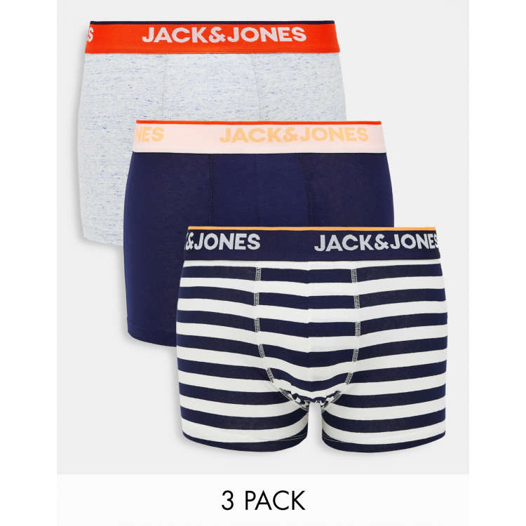 Jack & Jones 3-pack trunks with stripe and contrast neon waistband