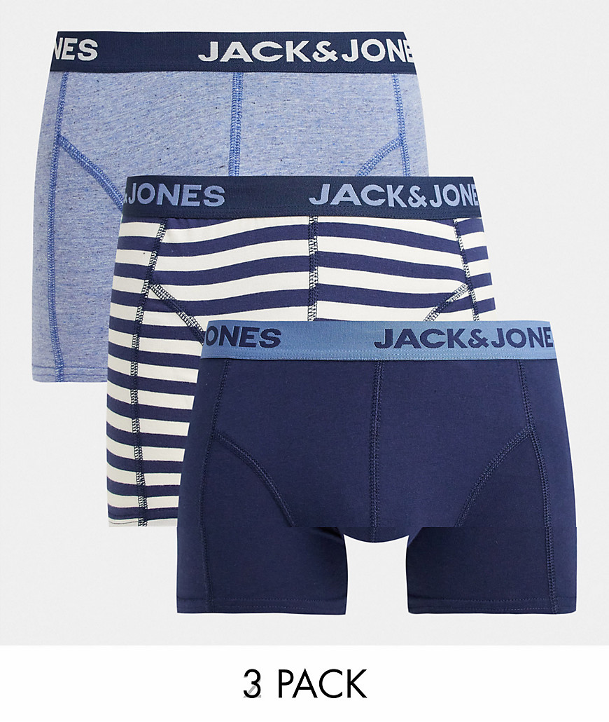 Jack & Jones 3 pack trunks with stripe and plain in blue-Blues