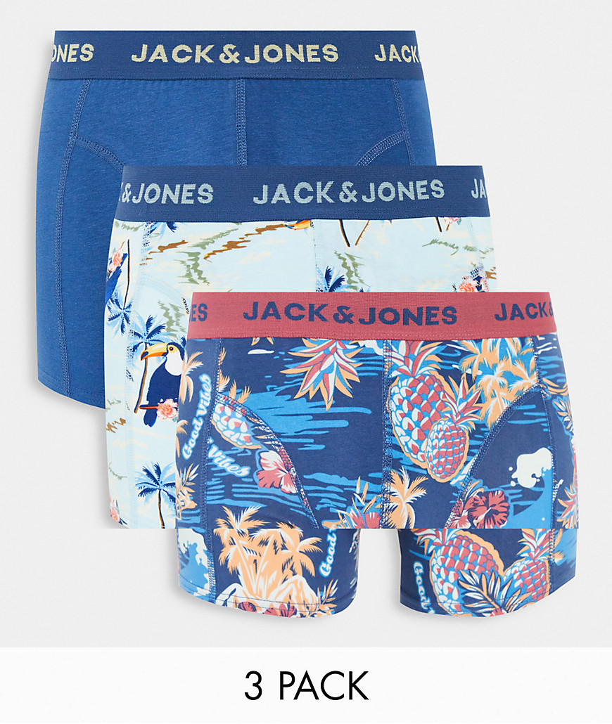 Jack & Jones 3 pack trunks with tropical print-Blues