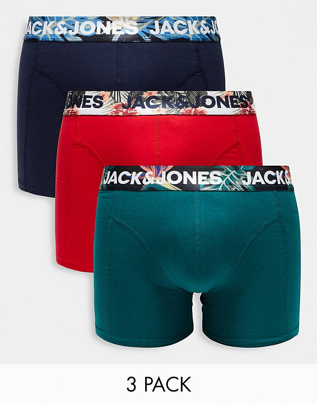 Jack & Jones - 3 pack trunks with tropical waistband print in red & navy